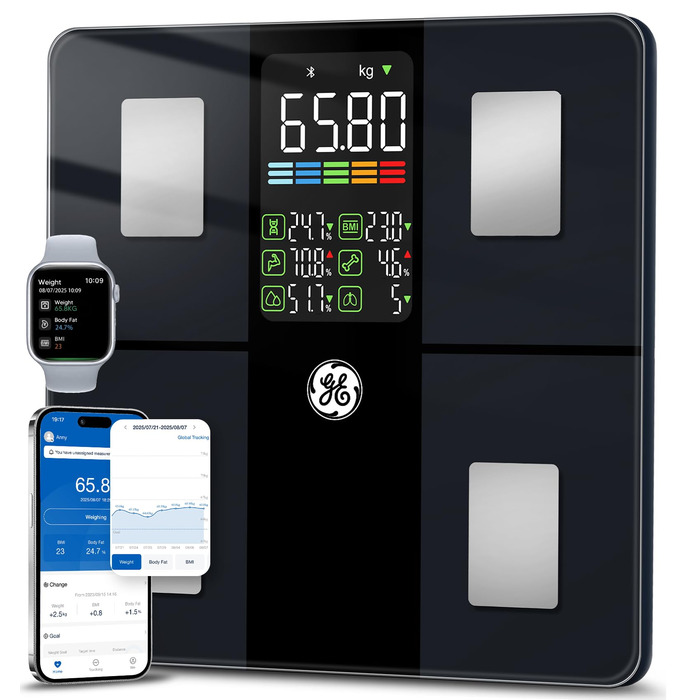 Розумні ваги GE для тіла: аналізатор складу тіла (жир, м'язи, BMI), Bluetooth, 180 кг, великий дисплей