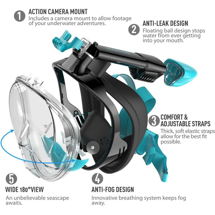 Маска для снорклінгу G2RISE® з трубкою, складна, CO2-безпечна, повна маска з кріпленням для камери, для дітей та дорослих (XS, чорно-зелена)