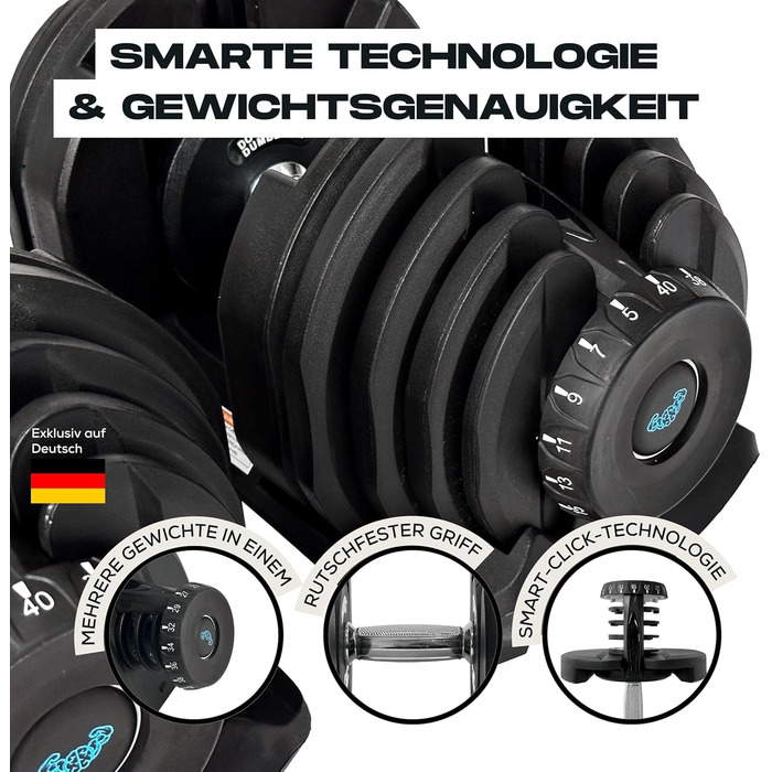 Регульовані гантелі BRAINGAIN, 15-17 кг, Smart-Click, антиковзний грип, 2 шт. по 40 кг