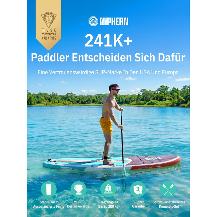 Надувне SUP-борд Niphean з сидінням та аксесуарами, 320 см, для 2 осіб, 200 кг, Classic Wood Grain, StabilTrac-Fin