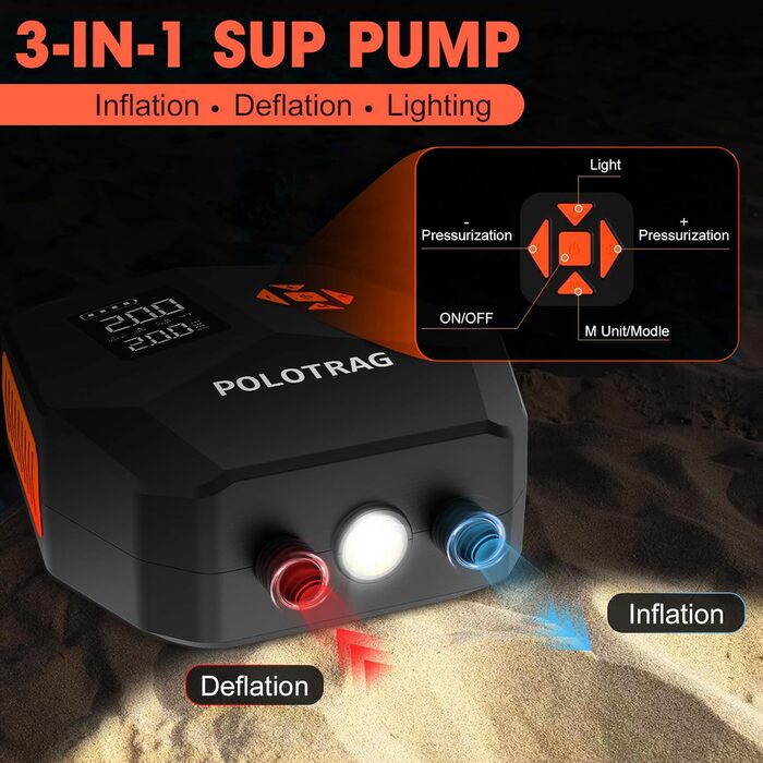 Електричний насос для сапборду (SUP) 20 PSI, акумуляторний, 12000 mAh, з функцією накачування та здуття, для каяків, помаранчевий