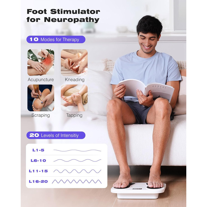 Масажер для ніг та тіла Medic EMS TENS - стимулятор кровообігу з 10 режимами та 20 рівнями інтенсивності. Зменшує біль при п'ятковому фасціїті, невропатії та болю. Білий колір.