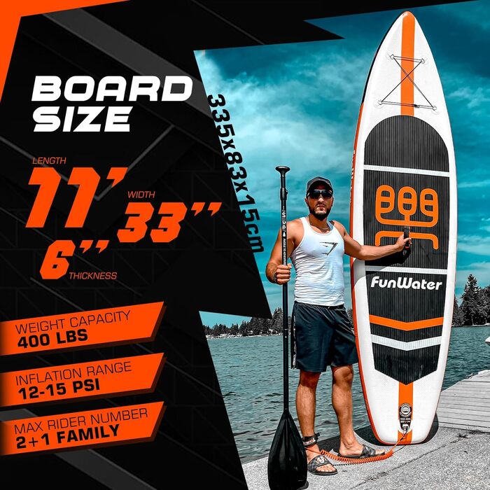 Надувна SUP-дошка FunWater з аксесуарами: ультралегка дошка для веслування стоячи, 3 плавці, регульоване весло, насос, рюкзак, страховий шнур, водонепроникний чохол для телефону