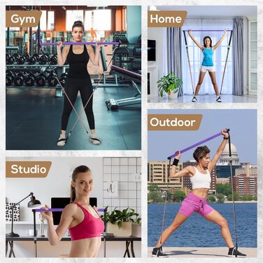 Портативний Pilates-бар LEXIL з 3 парами еспандерів (15, 20, 13,6 кг), фітнес-набір для дому, для чоловіків і жінок, для зміцнення тіла, з відеоуроком, фіолетовий