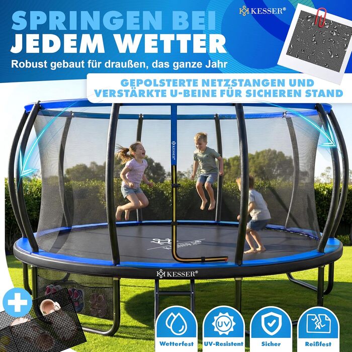 Трамплін KESSER® Outdoor для дітей та дорослих, діаметр 244/305/366/427 см, з сертифікатом GS, безпечне сітко, сходи, захисний борт, подушки на стійках (блакитний)