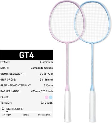 Набір для бадмінтону OGEENIER: 2 ракетки, 2 ручки, 2 волана, 1 ракетка з сумкою (білий, рожевий+блакитний, 3 1/4 дюйми)