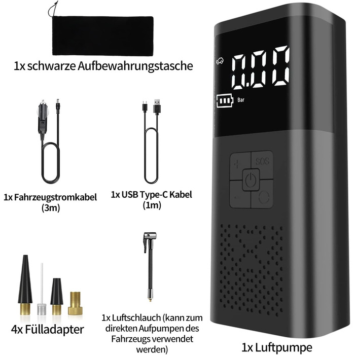 Електричний портативний компресор-насос 150PSI, 6000mAh, цифровий дисплей, LED, для авто, велосипедів, м'ячів, мотоциклів, Powerbank