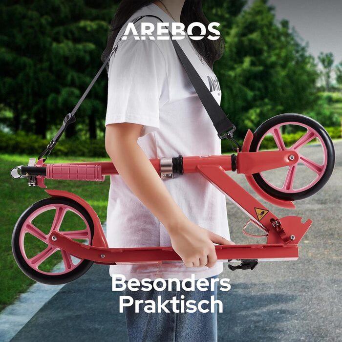 Самокат Arebos для дітей та дорослих, складний, регульований, з ременем, великими колесами та гальмом, до 100 кг
