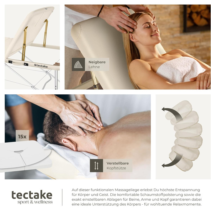 Масажний стіл Tectake 3 зони, складаний, регульована висота, з аксесуарами (головна підтримка, підлокітники, сумка) - Бежевий