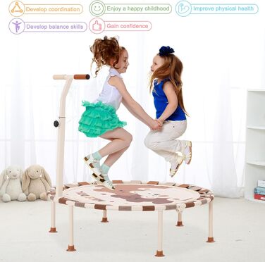 Батут дитячий для дому та саду Ø101 см з регульованою ручкою та пружинним ременем, батут для фітнесу для хлопчиків та дівчаток від 3 років, до 80 кг, бежевий