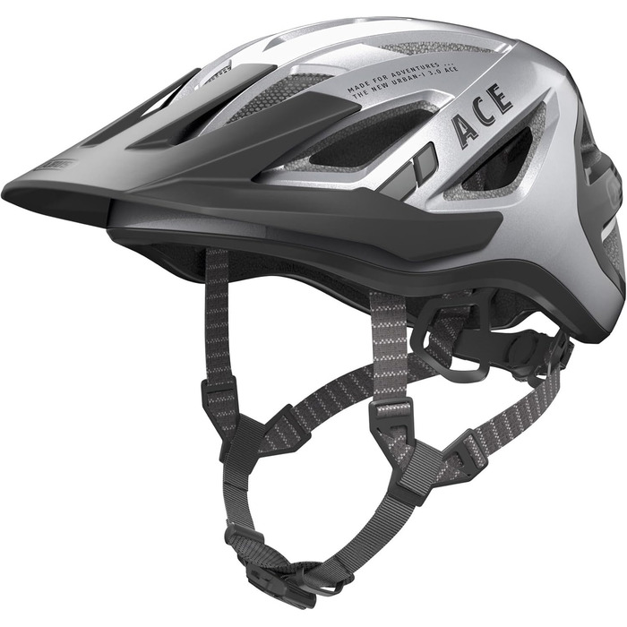 ABUS Stadthelm Urban-I 3.0 ACE: спортивний шолом для велосипеда з LED-ліхтариком, подовженим козирком та магнітною застібкою, для жінок та чоловіків, сріблястий (gleam silver), L (56-61 см)