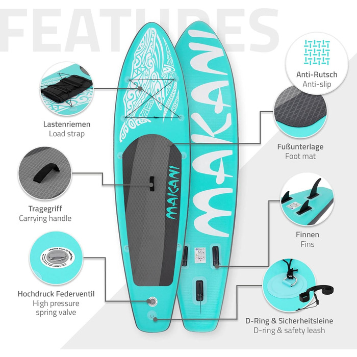 Надувна SUP-дошка ECD Germany Makani 305–380 см, PVC, до 150 кг, товщина 10/15 см, з сидінням для каяка, комплект сумка, весло, зелена