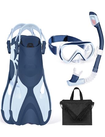 Набір для снорклінгу Supertrip SeaBlue L/XL (32-36 EU) для дітей: маска з панорамним оглядом 180°, ласти, трубка з клапаном