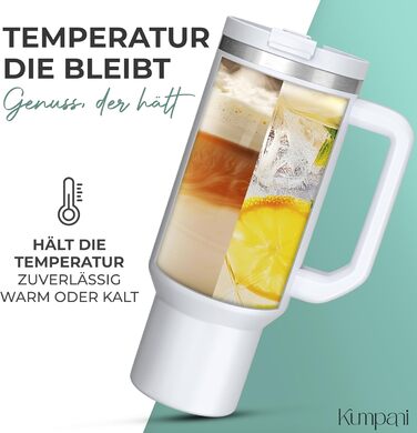 Термочашка Kumpani 1,1 л з ручкою і кришкою, ізольований питний стакан з трубочкою, герметичний, BPA-free, для гарячих і холодних напоїв, ідеально для дому та подорожей, білий
