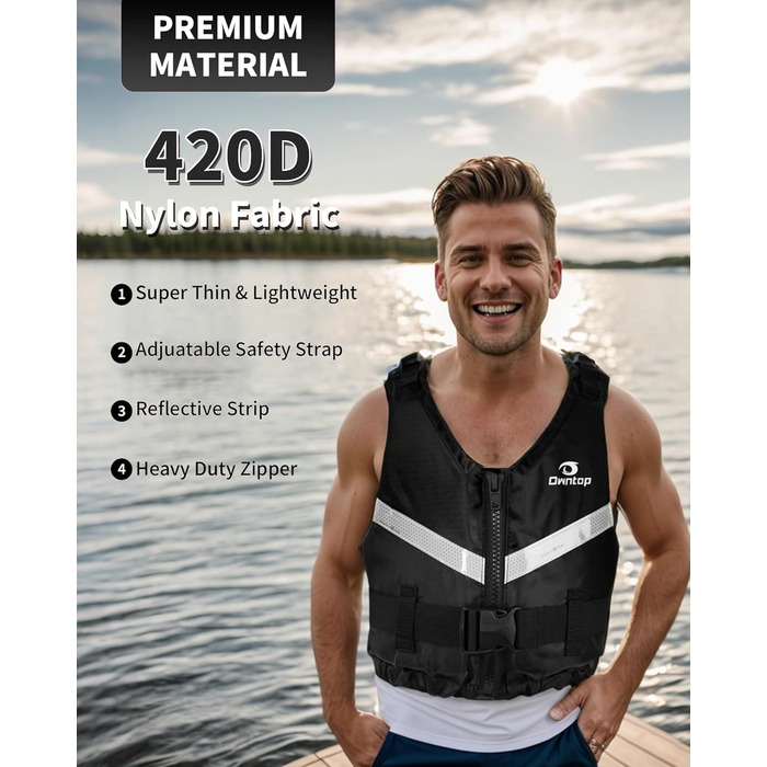 Рятувальний жилет Owntop для дорослих (XL/XXL, 70+ кг) – унісекс, для каякінгу, риболовлі, вітрильного спорту та водних видів спорту, чорний