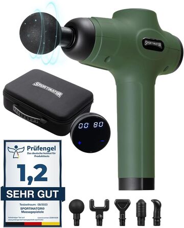 Масажний пістолет SPORTINATOR Level Up, електричний, з насадками і сумкою, USB-C, LCD, зелений