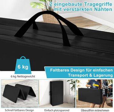 Складаний гімнастичний мат COSTWAY 240x120x5 см чорний, фітнес-мат для йоги та тренувань із ручками і липучками