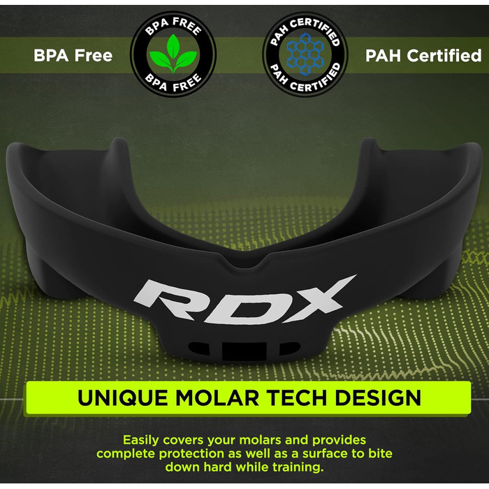 Капа для захисту зубів RDX для бойових видів спорту, MMA, кікбоксингу, хокею, футболу, м'яку рукавичку, регбі. Зручна коробка для зберігання. Для дорослих (від 12 років). Чорний колір.