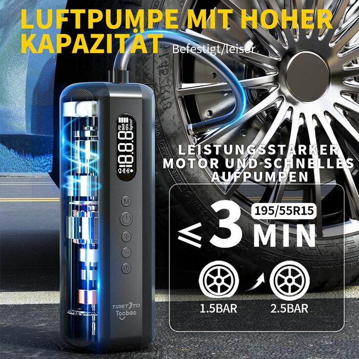 Електрична велосипедна насос-акомпресор Tccbac 5200mAh, 10 Бар, з манометром, для велосипедів, мотоциклів та авто