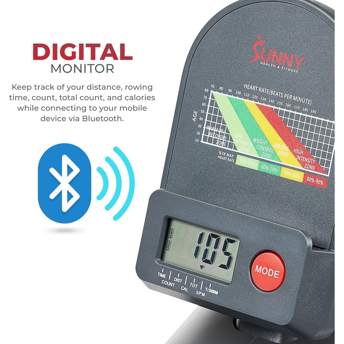 Магнітний гребний тренажер Sunny Health & Fitness SMART, компактний, складаний, з Bluetooth – SF-RW522016