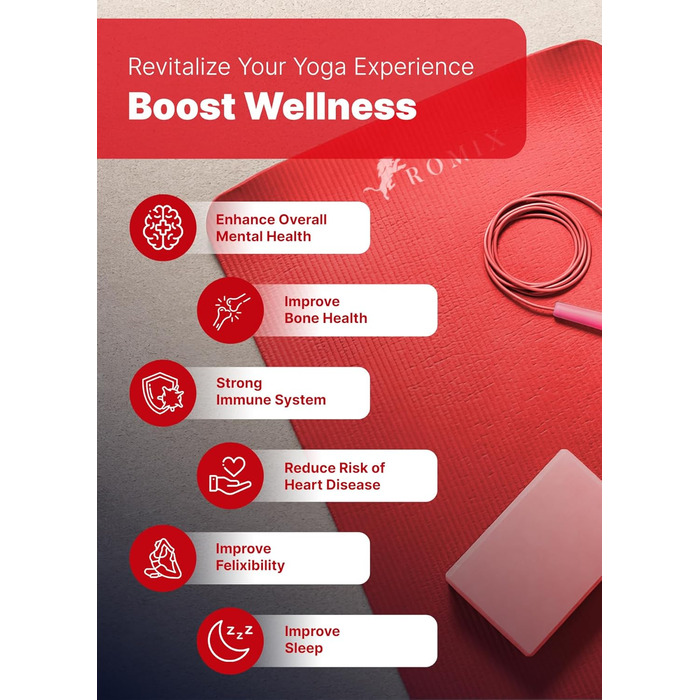 ROMIX Килимок для йоги, 15 мм, з антиковзаючою поверхнею, з сумкою та ременем, для фітнесу, пілатесу, медитації, червоний