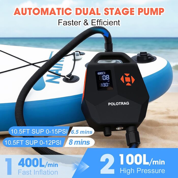 Електричний насос для сапборду (SUP) 20 PSI, акумуляторний, 12000 mAh, з функцією накачування та здуття, для каяків, помаранчевий