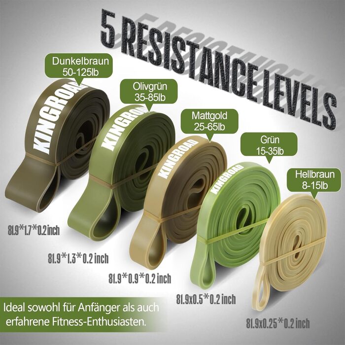 Набір еластичних стрічок опору 5 шт. для фітнесу, силових тренувань та пілатесу, з дверним фіксатором, зелені