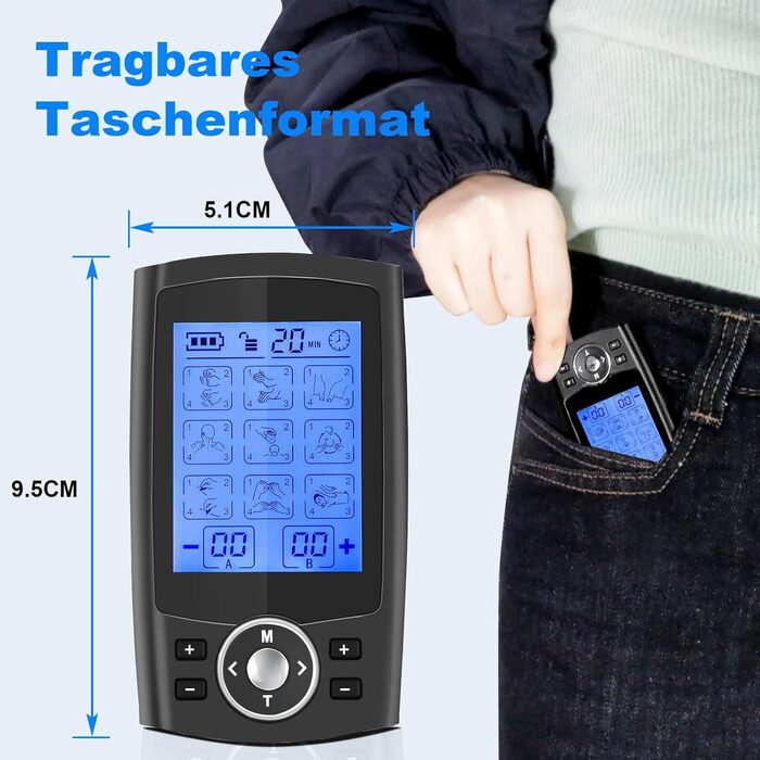 Апарат для терапії болю TENS EMS, електроспур з 36 програм, 12 електродів, для зняття болю