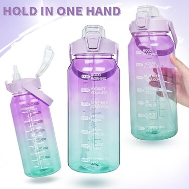 DEARRAY 2л пляшка для води Tritan з трубочкою, тайм-маркуванням, мотиваційна, BPA-free, спортивна, для фітнесу, тренажерного залу, походів, прозора, лілова/зелена