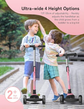 Дитячий самокат Besrey з великими колесами, світлодіодними ліхтарями та регульованою висотою, для дітей 3-8 років (Рожевий, Єдиноріг)