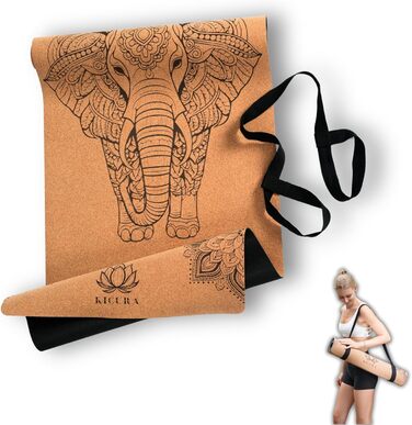 Йога-мат Kicura з корку та натурального каучуку з дизайном слона – неслизька преміум-мат, 4 мм, з ремінком – екологічна, 3 розміри (M, L, XL) (M - 173x61x0,4 см)