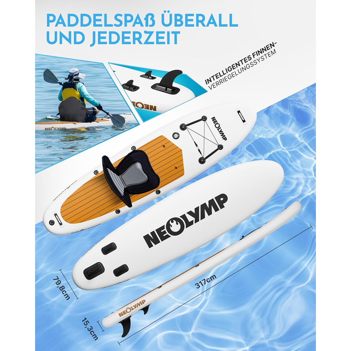 Надувне SUP-борд Neolymp 315см – Комплект 13 предметів: SUP, каяксід, насос, рюкзак, інструкція – для дітей та дорослих, вантажопідйомність 150кг, дерев'яний дизайн