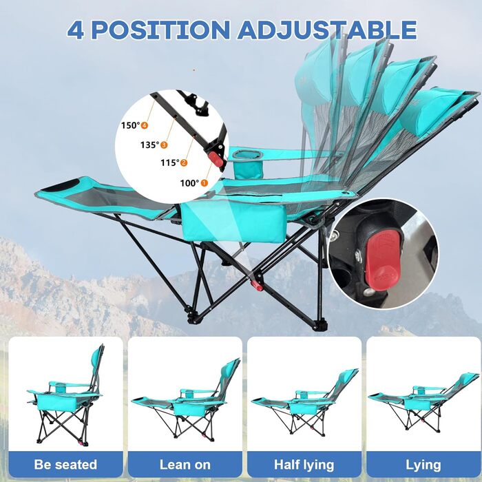 Крісло для кемпінгу Poeopore складне з підставкою для ніг, 4-х секційне, для відпочинку на пляжі та риболовлі, витримує до 120 кг, з кишенькою-холодильником, подушкою та тримачем для напоїв, блакитне