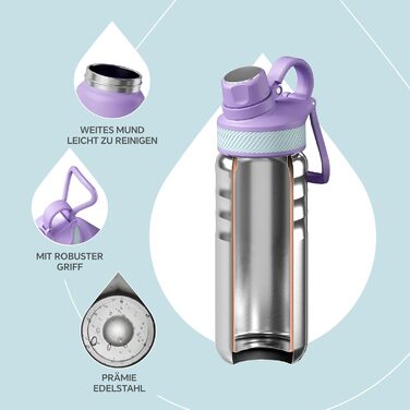 Вакуумна пляшка для води IDEUS 540 мл, нержавіюча сталь, подвійні стінки, спортивна металева фляга з герметичною кришкою, фіолетова