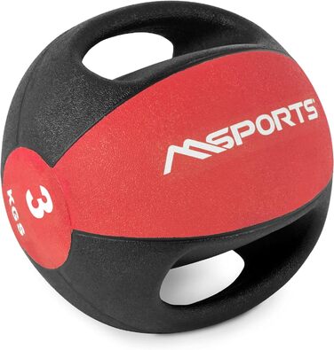Медичний м'яч із ручками MSPORTS 3 кг, професійна студійна якість, червоний