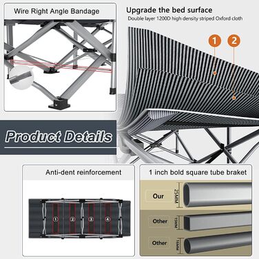 Складне туристичне ліжко ABORON для дорослих, двошарове, 1200D, портативне, міцне, для дому, офісу, кемпінгу, подорожей, з сумкою, сіре смугасте ліжко для дітей