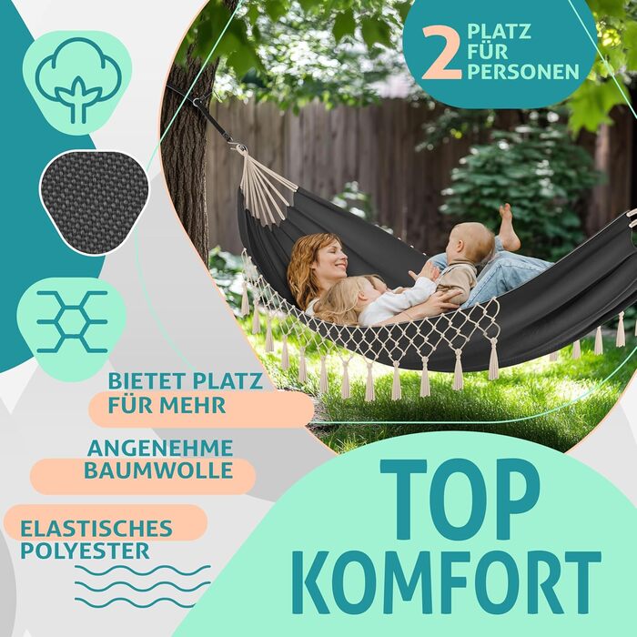 Гамак KESSER® 320x150 см, до 300 кг, з фрінгією, для кемпінгу та відпочинку на природі (Антрацит)