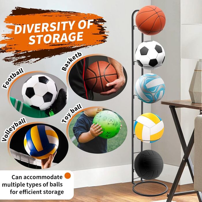 Стійка для м'ячів 5-ти ярусна: волейбол, футбол, баскетбол - металева стійка для зберігання м'ячів у спортзалі, гаражі