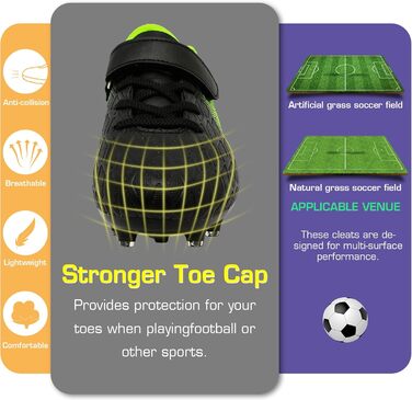 Дитячі футбольні бутси DimaiGlobal з шипами для хлопчиків та дівчаток. Зальні футбольні бутси для штучного покриття, бутси для міні-футболу, професійні тренувальні бутси (32 EU, чорний/зелений)