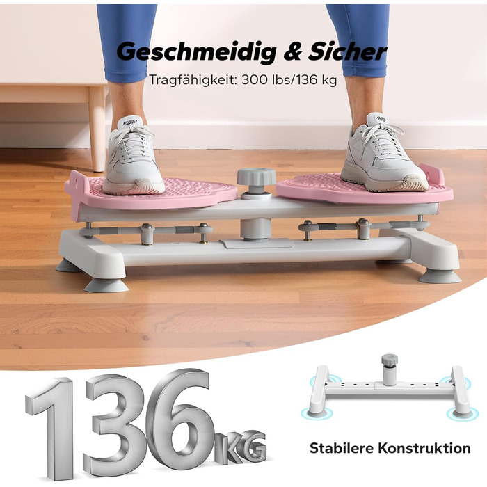 MERACH Диск для скручування тазу, тренажер для пресу з 2 еластичними стрічками, для підтяжки талії та кор-тренінгу, до 136 кг, безшумний фітнес-інвентар для дому (Рожевий)