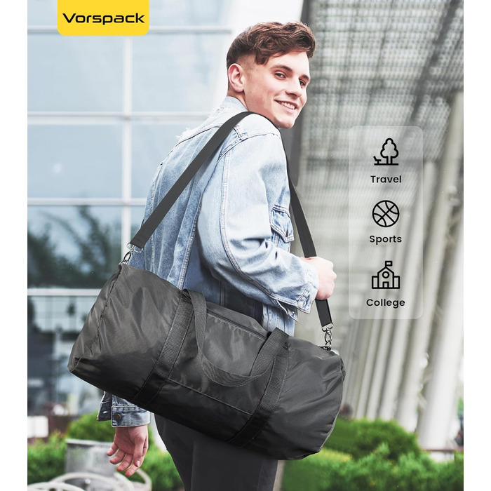 Спортивна сумка Vorspack для чоловіків та жінок — водонепроникна складна дорожня сумка для подорожей, спортзалу та ручної поклажі, чорна, 61 см (24 дюйми)