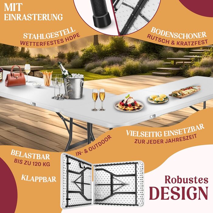 Стол розкладний KESSER® для кемпінгу, саду, тераси та балкону. Розміри 183x76 см, матеріал - пластик, на 6 осіб, з чохлом та ручкою. Антрацит (білий)