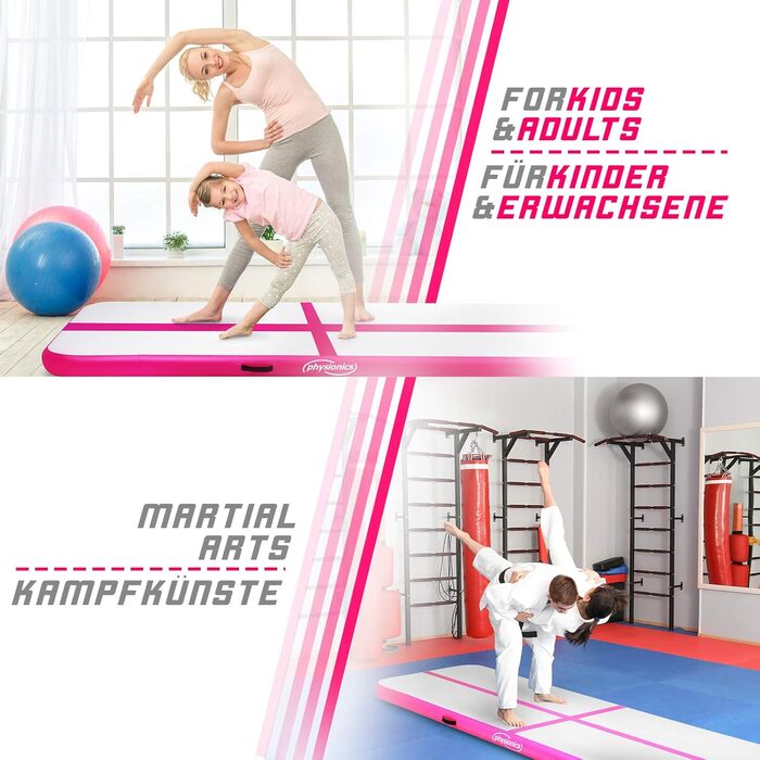 Physionics® Air Matte Track - Розвиваюча тренувальна гімнастична матка надувна, з електричним насосом, 3/4/5/6/7/8 м, рожева (300x100x10 см)