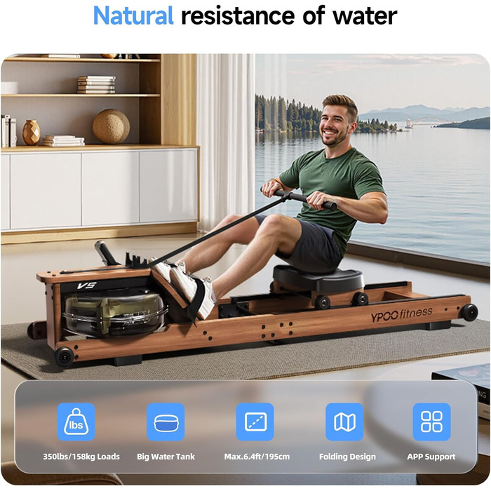 Гребний тренажер YPOO з водяним опором, складаний, дерев'яний, з Bluetooth-дисплеєм, для дому, до 160 кг