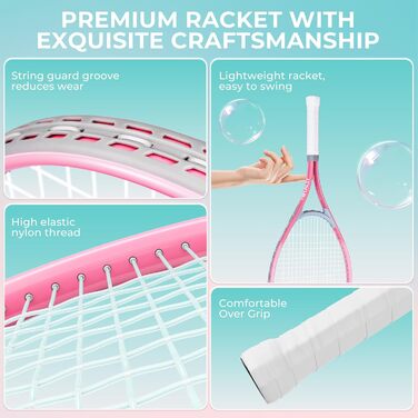 Набір тенісних ракет HIRALIY для дорослих, 68.6 см, 2 ракетки з натягнутою сіткою, 2 овергрипи, 3 м'ячі та сумка, для початківців, рожевий/зелений