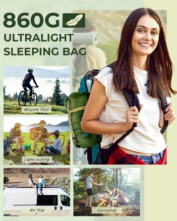 Сплячий мішок Ohuhu, компактний та ультралегкий (900г), літній, ковдровий, для дому та відпочинку на природі, кемпінгу, подорожей та фестивалів (зелений)