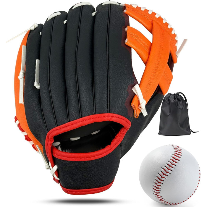 Рукавиця для бейсболу та софтболу з м'ячем, дитяча та доросла, потовщена, змагальна, помаранчево-чорна, 11.5 дюймів