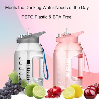 Пляшка для води Glaxcidy 2 в 1 2,5 л BOTTLED JOY з трубочкою та кришкою, з маркуванням часу, без BPA, для спорту, рожева (півгалона)