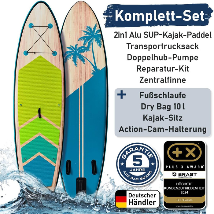 Надувний SUP-борд BRST Tropic | Комплект для станд-ап паддлбордингу | 320x81x15 см | 6 дизайнів | 5 років гарантії | з аксесуарами | 2в1: SUP та каяк, тримач для Action Cam, ланцюжок для ніг, насос, рюкзак (Турквіз)