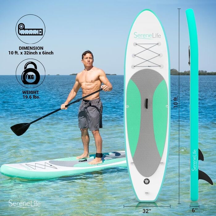 Надувна SUP-дошка SereneLife з повним комплектом аксесуарів, стійка дошка для сапбордингу для дітей і дорослих, надувний серфборд із сумкою, веслом, антиковзким покриттям і насосом